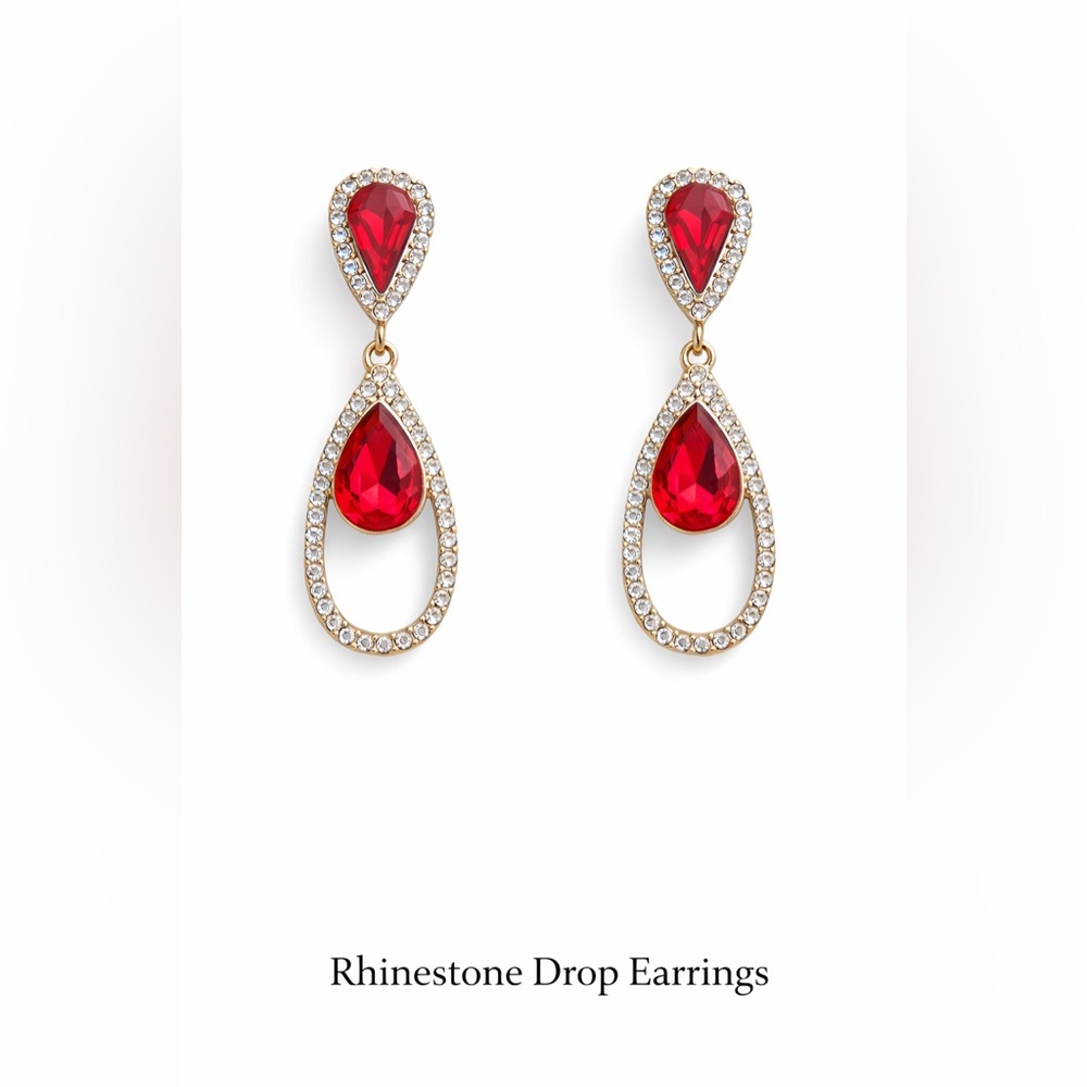 Red Rhinestone Teardrop Dangle Earrings (Pierced) Gold Tone Statement
